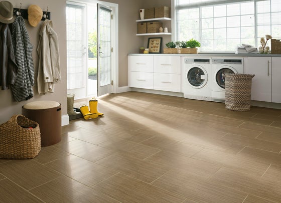 Vinyl tile offers the look of stone or porcelain tile, and includes scratch, moisture, mildew and tear resistance