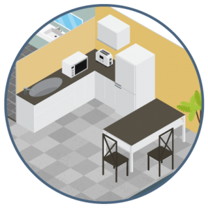 Choosing New Floors for Your Business circular icon depicting an office kitchen