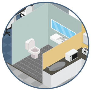 Choosing New Floors for Your Business circular icon depicting an office bathroom and toilet with durable flooring