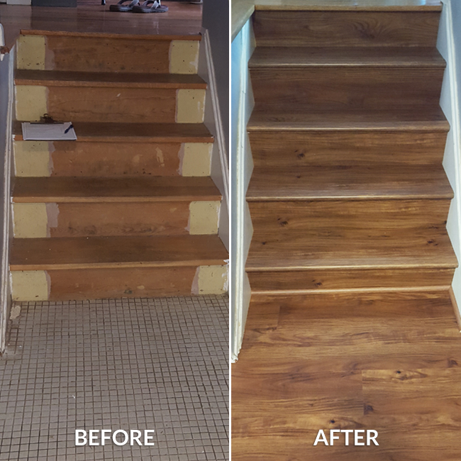 vinyl plank on the stairs before and after