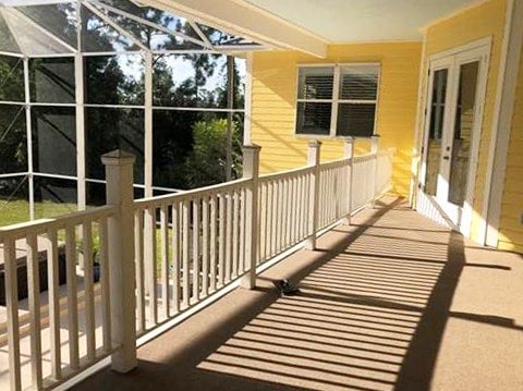 indoor-outdoor carpet on a pool balcony