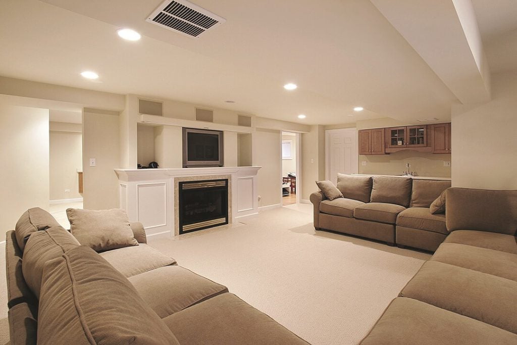 creme carpet in the basement of a home